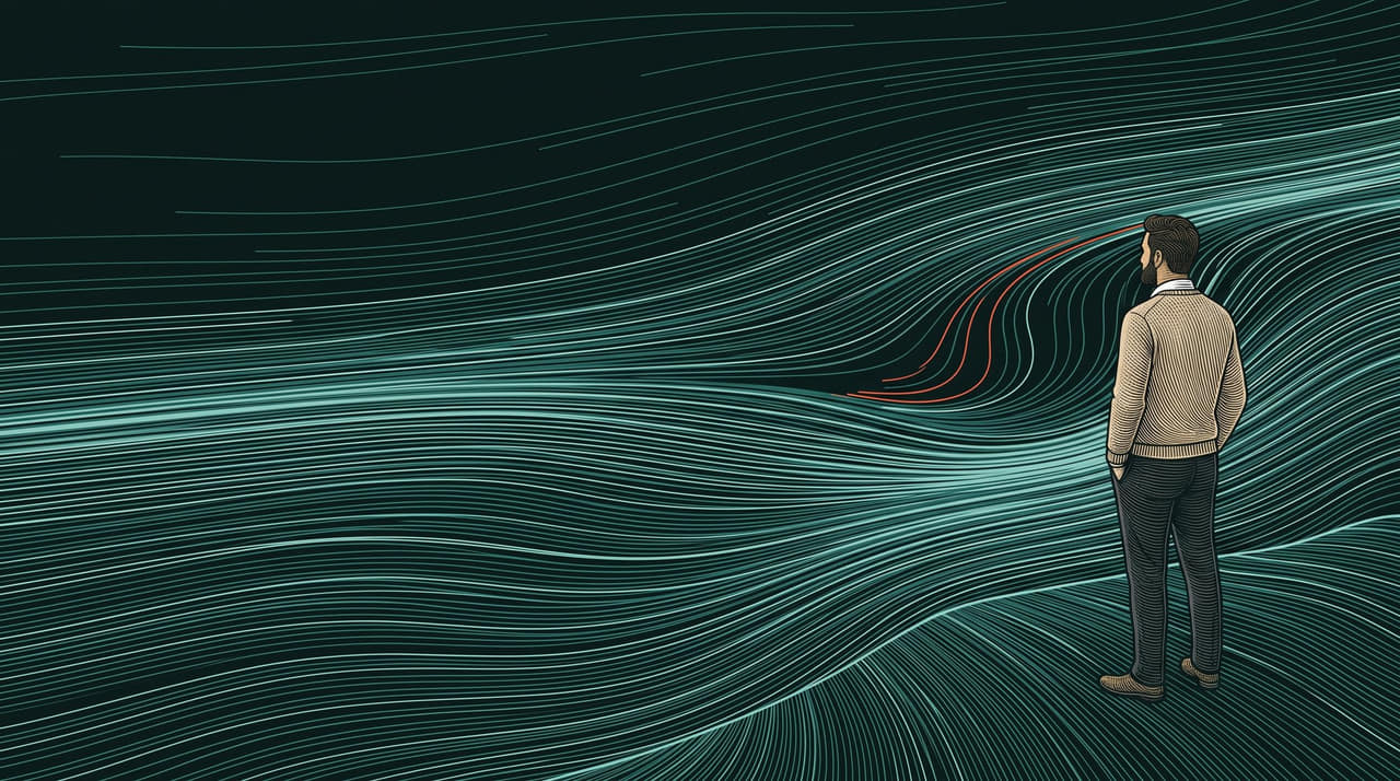 a man in an oatmeal sweater stands at the edge of a vast current of fine teal lines; far off, a few lines break away in coral