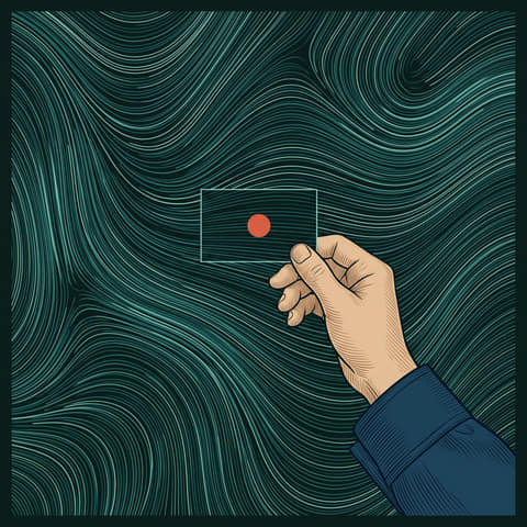 a hand in an ink-blue sleeve holds up a small blank card with one coral dot, over a swirling current of teal lines