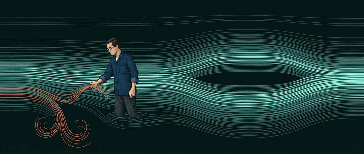 one wide current: a few lines leak away, a man in glasses guides them back, the current splits in two and rejoins brighter