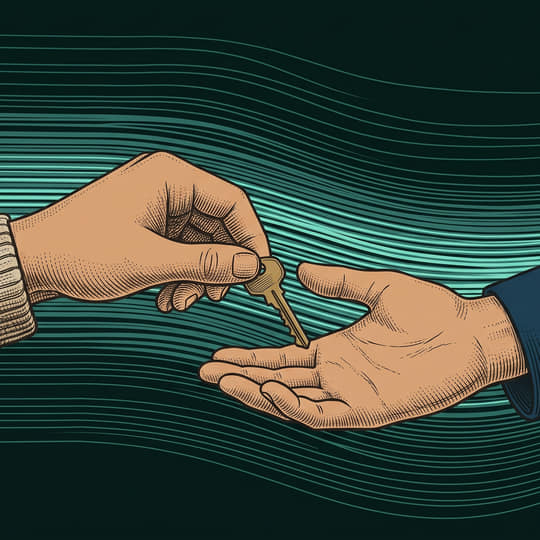 the founder's hand passes a small brass key into the operator's open hand, over a calm current