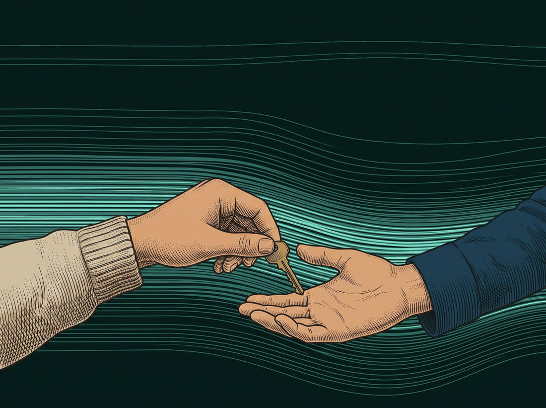 the founder's hand passes a small brass key into the operator's open hand, over a calm current