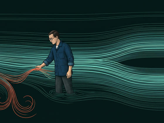 a man in round glasses and an ink-blue jacket stands in the current and guides a few coral lines back into it