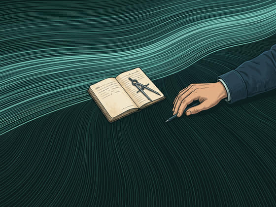 An open notebook and a pair of dividers beside a calm current, a hand resting with a pen.